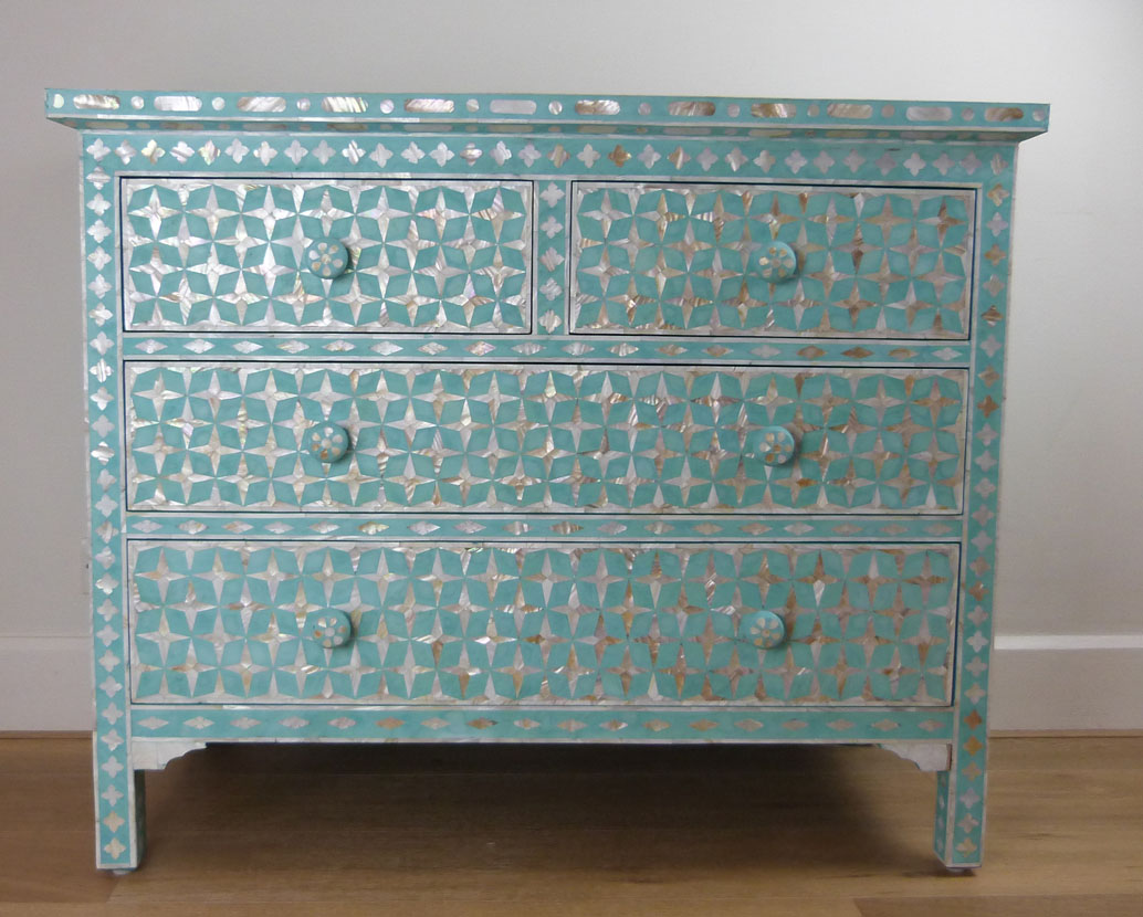 Mother of Pearl Inlay Teal Design Chest of Drawers