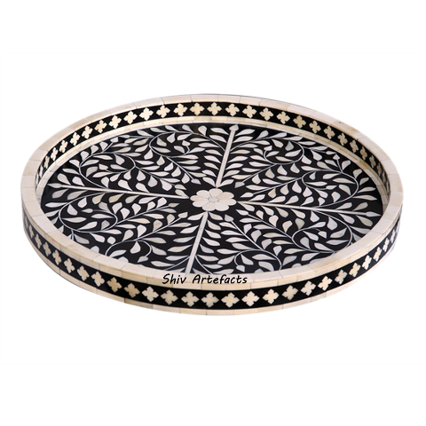 BONE INLAY FLORAL ROUND TRAY